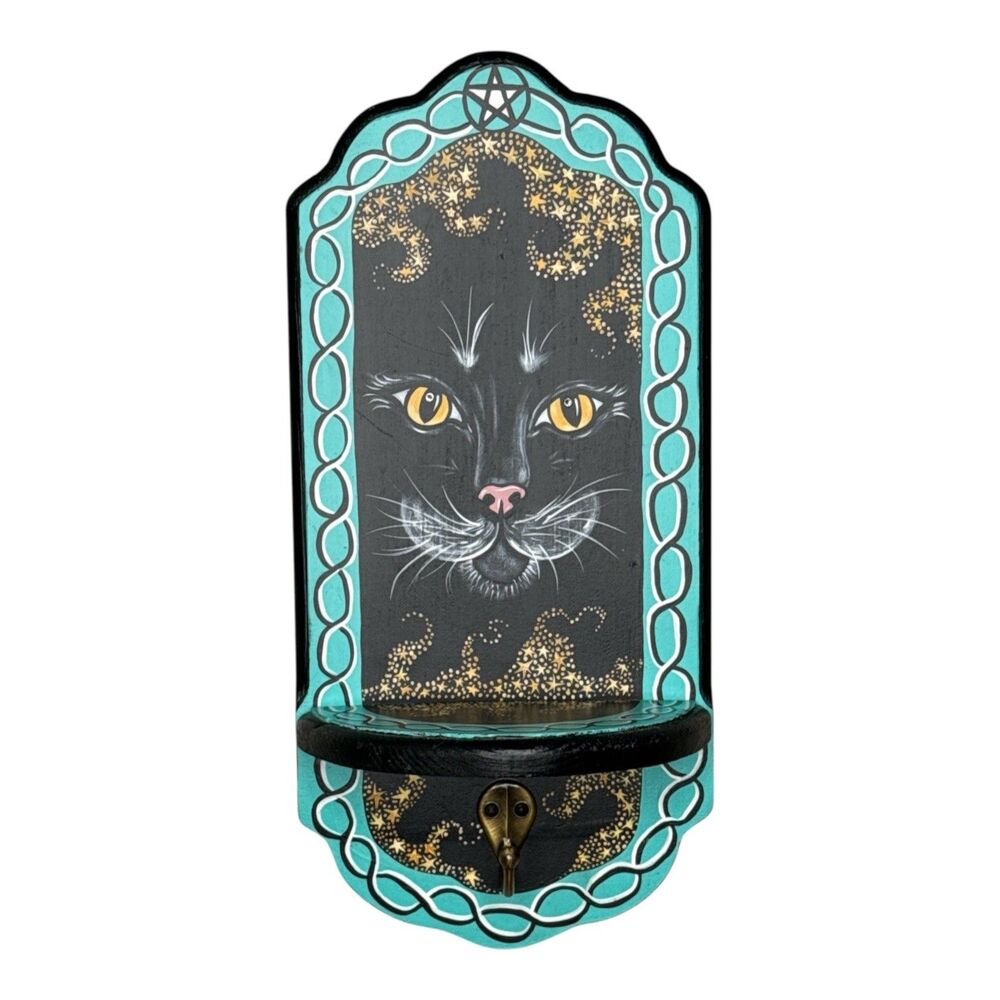 Hand Painted Black Cat Pentacle Wood Wall Shelf Hook Signed Folk Art